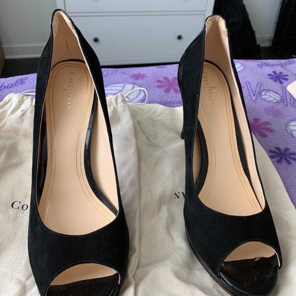Cole Haan Black Suede Peep-Toe High Heels